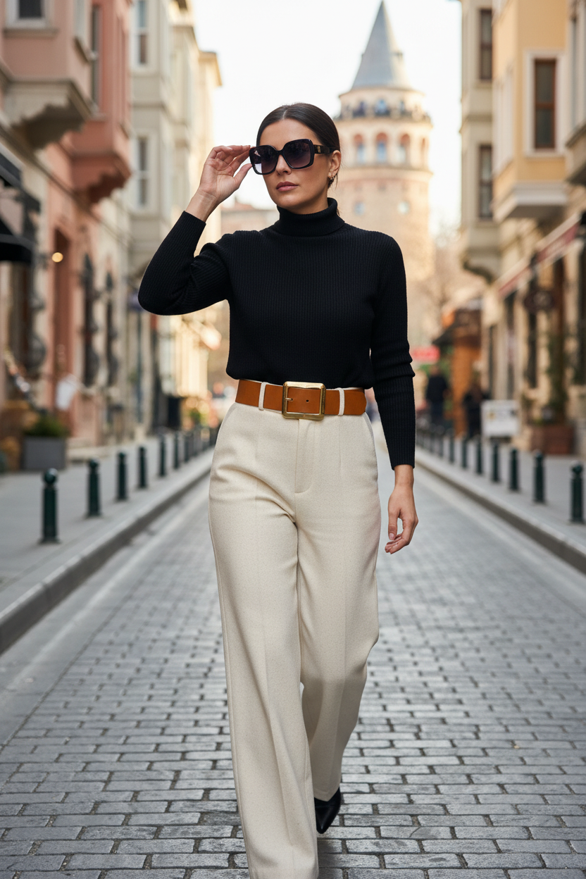 Siyah Boğazlı ve Bol Pantolon ile Kemer