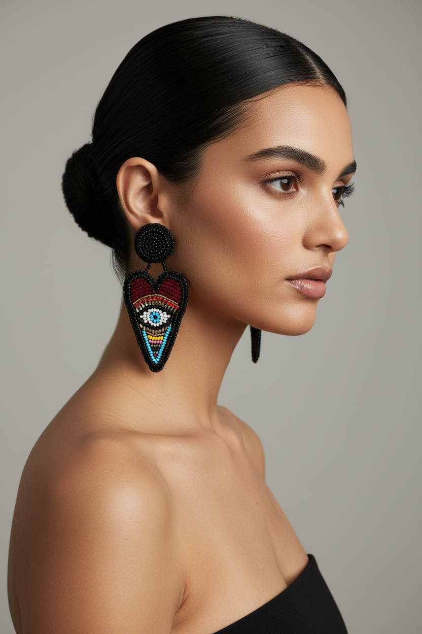 Siyah Boncuklu Kalp Küpe