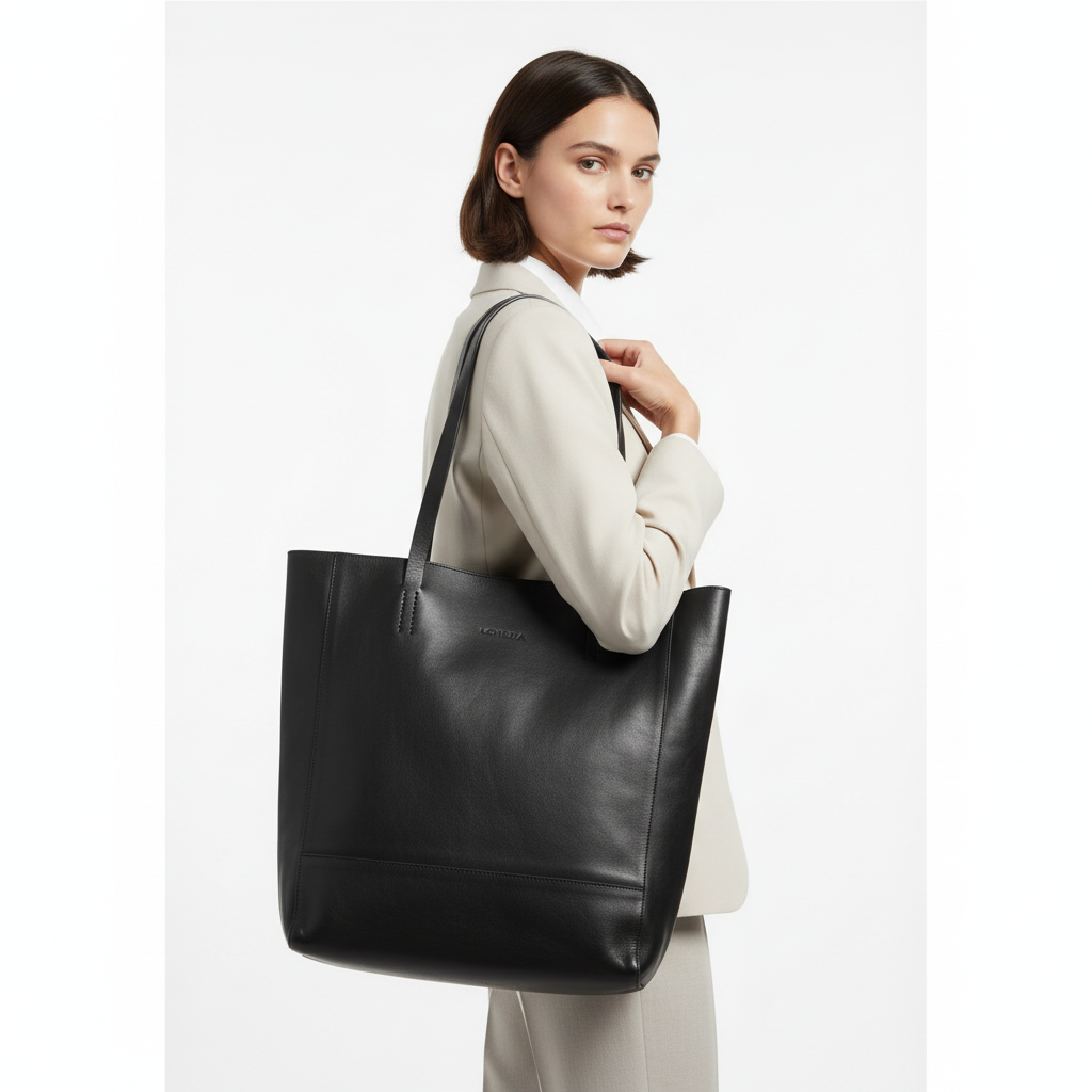 Siyah Deri Tote Çanta Beyaz Arka Plan