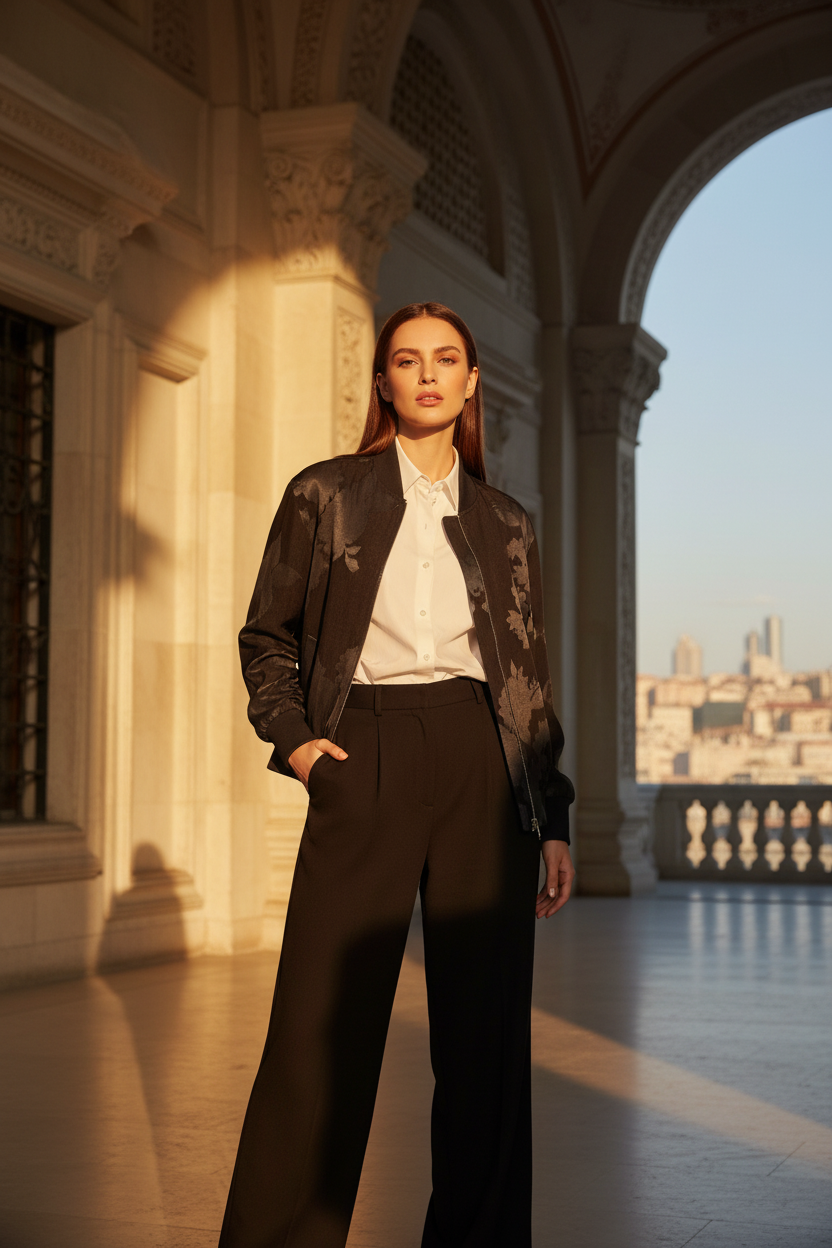 Siyah İpek Mont Full Body Editorial