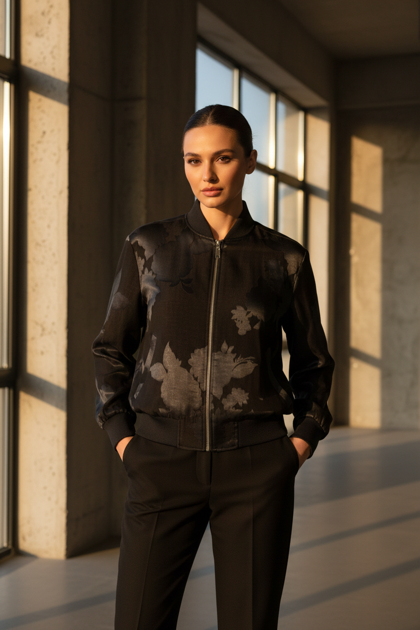 Siyah İpek Mont Kapalı Fermuar