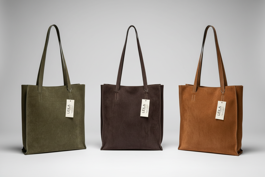 Three handmade suede leather tote bags collection