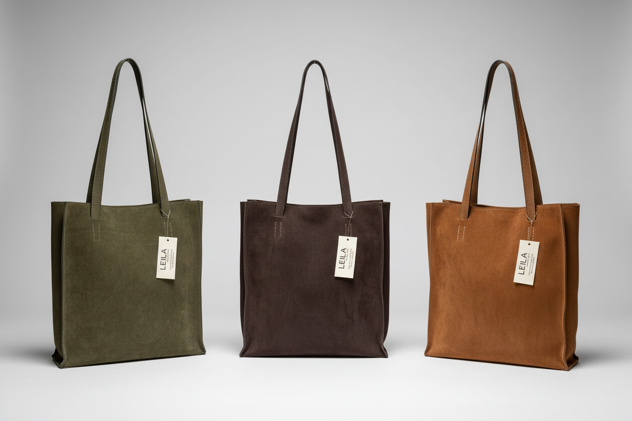 Three handmade suede leather tote bags collection