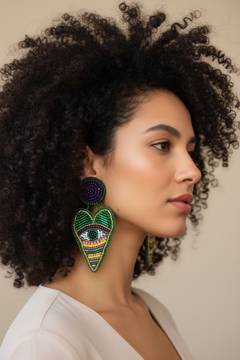 Yeşil-mor el işi küpe