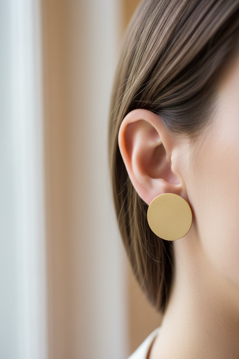 Yuvarlak Bronz Küpe - Kulakta Yakın Plan